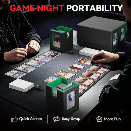 Card Deck Box for MTG with Commander Display, 5 in 1 Card Storage Box Fits 400+ Double-sleeved Cards, Removable Deck Case for TCG/Sports Cards with Dice Tray, 4 Magnetic Card Holders (Black Green)