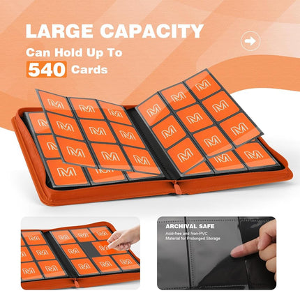Trading Card Binder with 9 Side Loading Pocket Card Album Hold Up to 540 Cards PU Card Collection Binder, Collectible Albums Card Folder for MTG, TCG, Sports Cards（9-Orange）