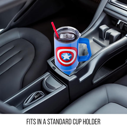 Silver Buffalo Marvel Captain America Shield Stainless Steel Tumbler with Handle and Straw, Fits in Standard Cup Holder, 40 Ounces