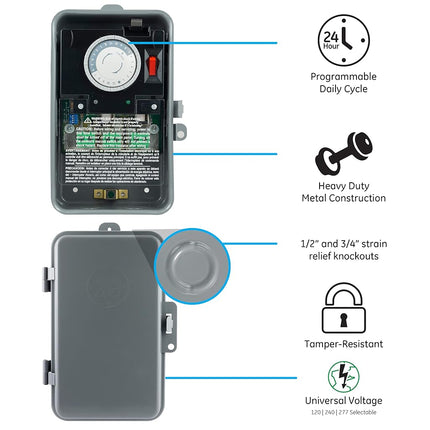 GE 24-Hour Mechanical Pool Timer Switch, 2HP 40A Load Capacity, Universal Voltage, Tamper Resistant, 46536