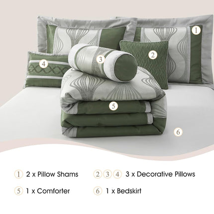 Stratford Park 7 Piece Green Comforter Set, King Size Jacquard Bedding Set, All Season Geometric Patchwork Bedding Set, Matching Pillows, Shams, Bed Skirt