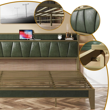 LIKIMIO California King Bed Frame, Storage Headboard with Charging Station, Solid and Stable, Noise Free, No Box Spring Needed, Easy Assembly (Dark Green)