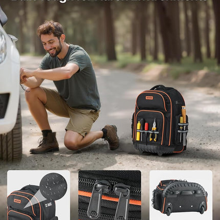 VEVOR Rolling Tool Backpack, 110 lbs Load Capacity, 45 Pockets Heavy Duty Roller Tool Bag on Wheels, Adjustable Telescoping Handle & Stable Base, Toolbag Organizers for Construction, Mechanic