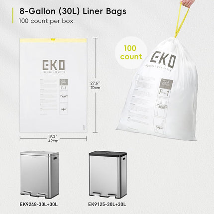 EKO Easy-Dispense Roll 100 Count Extra-Strong Drawstring Kitchen Trash Bags – 8 Gallon Garbage Bags (30.3L) 100 pack, Code F-1