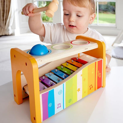 Hape Multifunctional Pound & Tap Bench with Slide-Out Xylophone | Durable Wooden Musical Pounding Toy for Toddlers 12 Months and Up