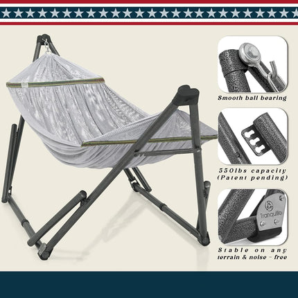 Tranquillo Uniki 3-Year Warranty Hammock, 30s Foldable Hammock with Stand, 550 lbs Capacity Camping Hammock Stand, Portable Everywhere Easy Assembly Non-Slip and Noise-Free, Grey