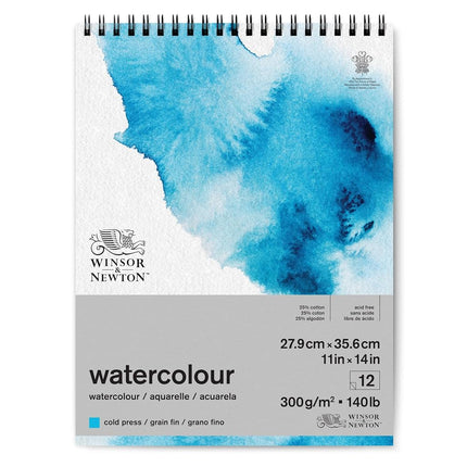 Winsor and Newton Watercolour Paper Pad, 27.9 x 35.6 cm, 12 Sheets, 300 g/m�, Spiral Bound, Cold Pressed, Acid , Mixture of 25 Percent Cotton and Cellulose Fibres, Natural White