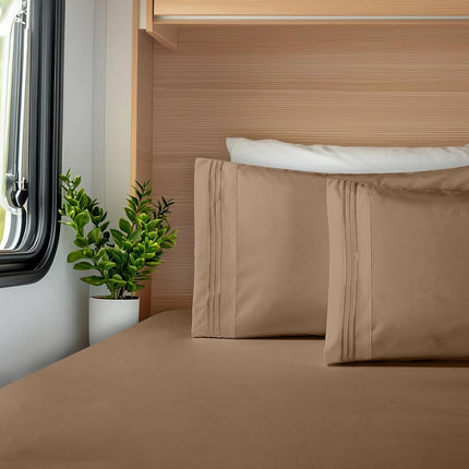 Elegant Comfort Luxurious 1500 Premium Hotel Quality Microfiber Three Line Embroidered Softest 4-Piece Bed Sheet Set, Wrinkle and Fade Resistant, RV Short Queen, Taupe