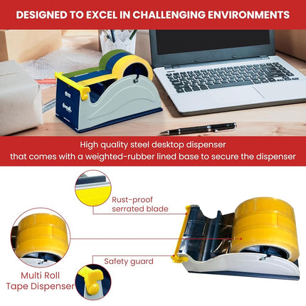 GGR Supplies T.R.U. ET-337 Blue/Grey Premium Multi-Roll Steel Desk Top Tape Dispenser: 3 in. Wide (3 in. Core)