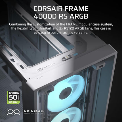 CORSAIR FRAME 4000D RS ARGB Modular Mid-Tower ATX PC Case – High Airflow, 3x Pre-Installed RS ARGB Fans, InfiniRail™ Fan Mounting System, ASUS BTF, MSI Project Zero, Gigabyte Project Stealth – White