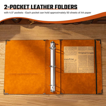 Ovesmusl PU Leather 3 Ring Binder Fits 8.5"x11" Letter Size Paper, 1.5 Inch Round Ring Binder Holds 350 Sheets, Notepad Paper Cover Loose Leaf Organizer, Brown Sun
