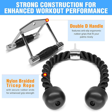 Yes4All Combo Cable Machines Accessories, Double D Row Handle with Tricep Rope, V Bar and Straight Bar, Cable Attachment for Home Gym (Double D, Tricep Rope)