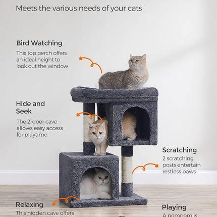 Feandrea Cat Tree Tower, 74 cm, M, Condo for Medium Cats up to 11 lb, Large Perch, 2 Caves, Scratching Post, Smoky Gray UPCT612G01