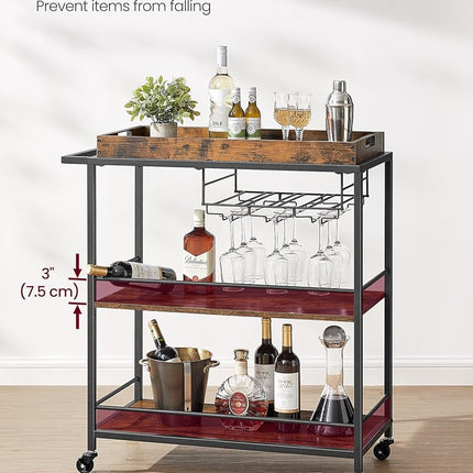 VASAGLE Kitchen Serving Cart with Removable Tray, 3-Tier Kitchen Utility Cart on Wheels with Storage, with Brakes, Leveling Feet, 15.7 x 34.6 x 37.8 Inches, Rustic Brown and Black ULRC093B01