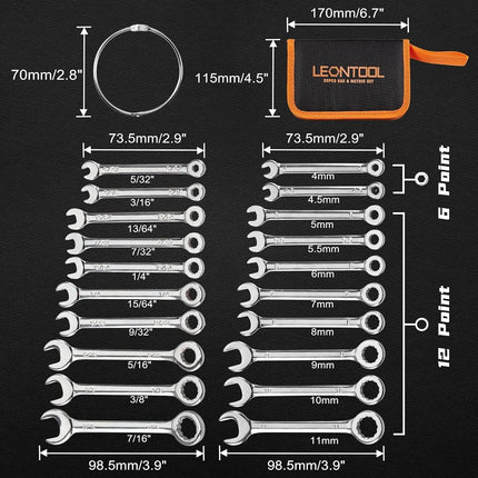 LEONTOOL Mini Wrench Set Metric and SAE 20 Pcs Ignition Wrenches 4-11mm & 5/32" to 7/16" Open End Box End Wrench Set with Key Ring, Combination Wrench Sets with Zipper Bag