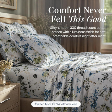 Tribeca Living Queen Bed Sheet Set, 300 Thread Count Soft Cotton Sateen, Floral Print with Extra Deep Pockets, 4-Piece Bedding Set, Amalfi Blue/Multicolor