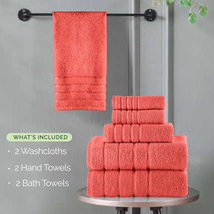 Elegant Comfort 4 Lines Viscose Stripe 6-Piece Premium Towel Set - 100% Turkish Cotton High Absorbent Luxury Bathroom Towels – Includes 2 Washcloths, 2 Hand Towels and 2 Bath Towels Set, Coral
