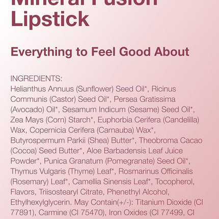 Mineral Fusion Long-Lasting Lipstick, Vivid & Smudge-Free Lip Color with Avocado Oil, Cocoa Seed Butter, Free of FD&C Dyes, Paraben and Gluten, Prosecco