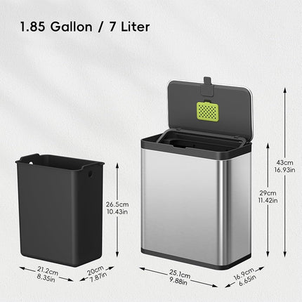 EKO Stainless Steel Kitchen Food Waste Compost Bin with Removable Inner Bucket and Deodorizer Compartment, 7L / 1.85 Gal Wall-Mounted Kitchen Trash Can with Swing Lid (Stainless & Black)