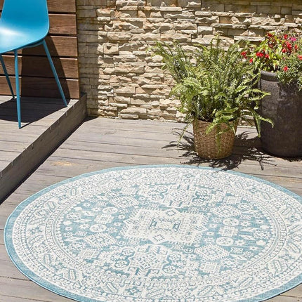 Unique Loom Outdoor Aztec Collection Area Rug - Chalca (10' Round, Aqua/Ivory)