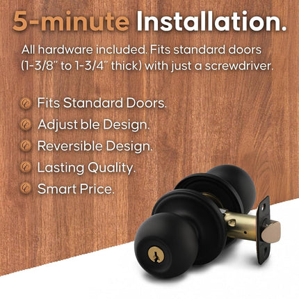 Copper Creek Matte Black Door Knobs - Keyed Entry Function, Locking Door Knob with Key, Locking Interior/Exterior Door Handle, Lockable Door Knob for Bedroom, Bathroom, and Room Doors - 2 Pack