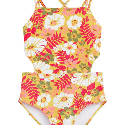 Kanu Surf Girls' Beach Sport Cut-Out One Piece Swimsuit, Spring Bouquet Yellow, 12
