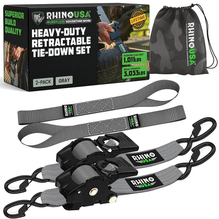 Correas de amarre autorretráctiles Rhino USA (paquete de 2) - 5 cm x 3 m (resistencia a la rotura de 1.360 kg) - correas de amarre automáticas de alto rendimiento para camiones, remolques, motocicletas, bicicletas y más - gris