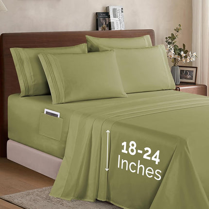 Elegant Comfort 1500 Premium Quality 6-Piece Bed Sheet Set - 18-24 Inch Extra Deep Pocket, Smart Storage Pockets, Wrinkle Free Ultra Soft 6PC Extra Deep Pocket Sheets, California King, Green