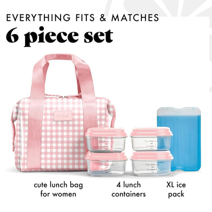Fit & Fresh Remi Women's Neoprene Lunch Bag, Meal Preparation Set with Containers and XL Ice Pack, Self-Insulating Neoprene Like Material, Machine Washable Lunch Bag, Tear- and Stain Resistant, Pink