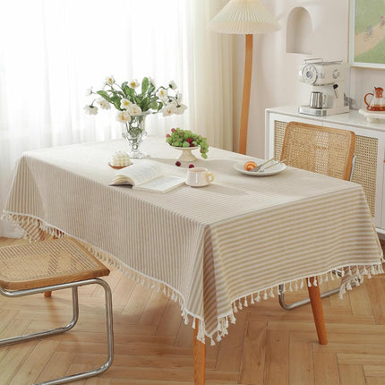 meioro Table Cloth Beige Striped Tablecloth Tassels Cotton Linen Dust-Proof Table Cover for Dining Coffee Buffet Kitchen Picnic Tables, Parties Indoor Outdoor Square Tablecloths (35x35 Inch)
