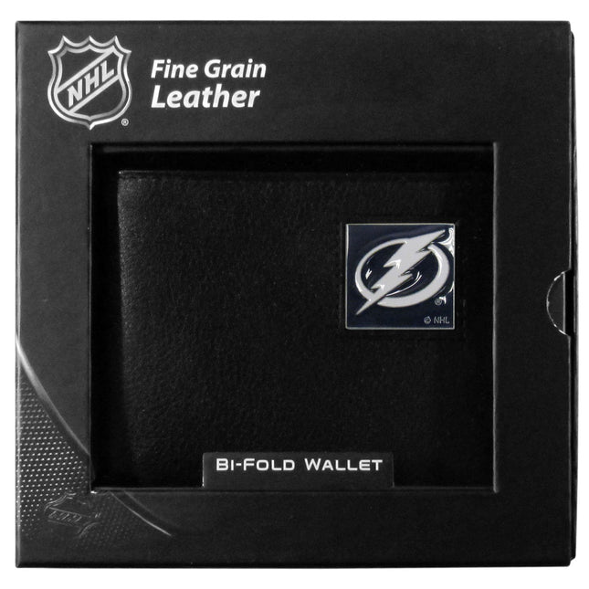 NHL Tampa Bay Lightning Leather Bi-Fold Wallet Packaged in Gift Box, Black