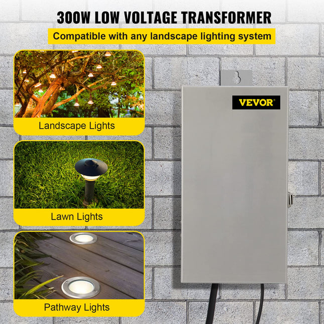 VEVOR Multi-Tap Low Voltage Transformer, 300W 120V AC to 12V/13V/14V/15V AC, Heavy-Duty Stainless Steel Landscape Transformer with Digital Timer Photocell Sensor, for Landscape Lighting