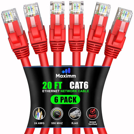 Maximm Cable Ethernet Cat 6, 6 m, paquete de 6 unidades, cable LAN de alta velocidad, cable de Internet, cable de conexión y cable de red, UTP, 10 Gbps, cable Ethernet de 550 MHz, rojo