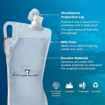 Bouteille d'eau pliable transparente SURVIVOR FILTER 1L - Voyage, Randonnée, Sans BPA - 2 x 946ml