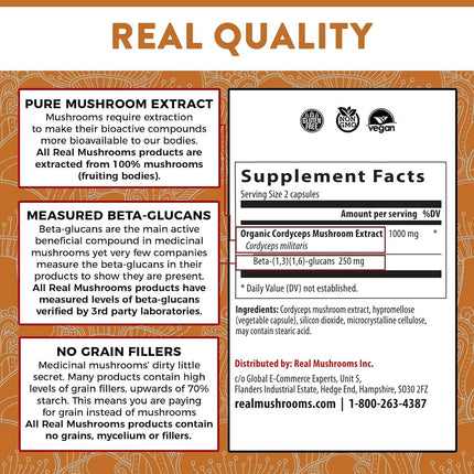 Real Mushrooms Cordyceps Capsules - Performance Supplement with Cordyceps Mushroom Extract for Energy & Immune Support Vegan Supplement, Non-GMO, 120 Caps