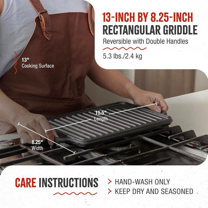 Victoria Rectangular Cast Iron Double Burner Griddle, Reversible Grill, 13 x 8.5 Inch, Seasoned With 100% Kosher Certified Non-GMO Flaxseed Oil, Model: GDL-189