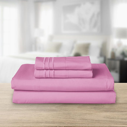 Elegant Comfort Luxurious 1500 Premium Hotel Quality Microfiber Three Line Embroidered Softest 4-Piece Bed Sheet Set, Wrinkle and Fade Resistant, Twin/Twin XL, Light Pink