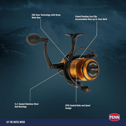 PENN Spinfisher VII Spinning Reel, Fishing Reel, Sea Fishing Reel With IPX5 Sealing That Protects Against Saltwater Ingression, Caters for different Species, Unisex, Black Gold, 8500