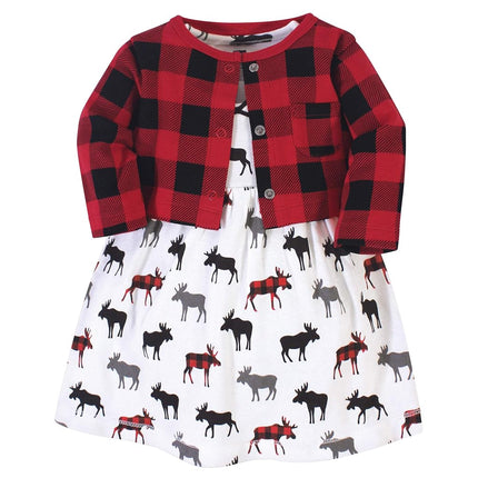Hudson Baby Baby Girls' Cotton Dress and Cardigan Set, Buffalo Plaid Moose, 4T