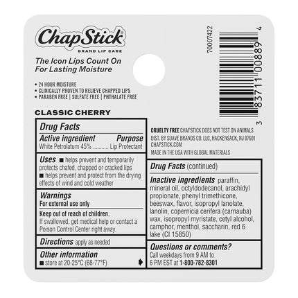 Chapstick Classic Lip Balm Skin Protectant Bulk, 12 Count, Cherry Flavor, 1 Count (Pack of 12)