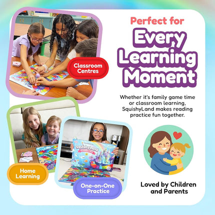 The Fidget Game SquishyLand in Rainbow Reef - Educational & Phonics Learning Activities for Children in Nursery to Year 2 - Mochi Squishy Toys Set with Board Game (2-6 Players) & Card Packs Included