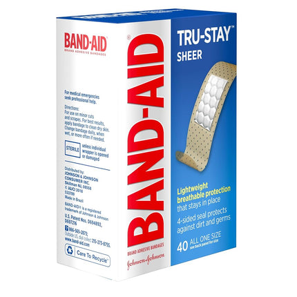 Band-Aid Brand Tru-Stay Sheer Strips Adhesive Bandages for First Aid and Wound Care, All One Size, 40 ct