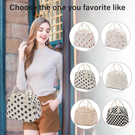 Carry Bloom Lunch Box for Women, Insulated Lunch Bag Cute Corduroy Lunchbag Reusable Lunchbox for Work (Flower Black)