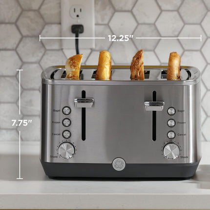 Tostadora de acero inoxidable GE | 4 rebanadas | Ranuras extra anchas para tostar bagels, panes, waffles y más | 7 opciones de tostado para que disfrute toda la familia | Esencial para la encimera de la cocina | 1500 vatios