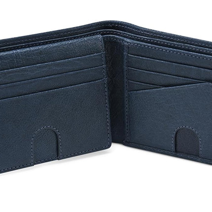 RFID Bifold Leather Wallet for Men with Flip Up ID in Vintage Buffalo Brown, Power Blue - Wild Buffalo Blue, Classic