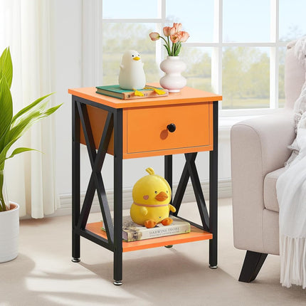 VECELO Nightstands Set of 2, Modern Bedside End Tables, Night Stands with Drawer and Storage Shelf for Living Room Bedroom, Industrial Metal Frame, Orange
