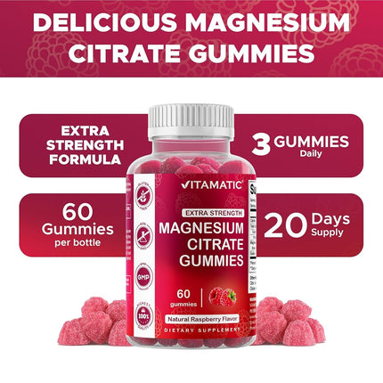 Vitamatic Extra Strength Magnesium Gummies 255 mg (Elemental Mg) per Serving - 60 Vegan Gummies - Promotes Healthy Relaxation, Muscle, Bone, & Energy Support