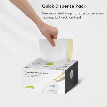 EKO 10.6 Gallon / 35–40 Liter Drawstring Trash Bags, 110 Count Heavy-Duty Tall Kitchen Garbage Can Liners, Extra-Strong Leak-Resistant, Unscented, White, Code M