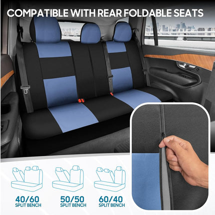 BDK PolyPro Car Seat Covers Full Set in Blue Gray on Black, Front and Rear Split Bench Seat Covers for Cars, Easy to Install Car Seats Cover Set and Accessories for Auto Trucks Van SUV - Blue Gray