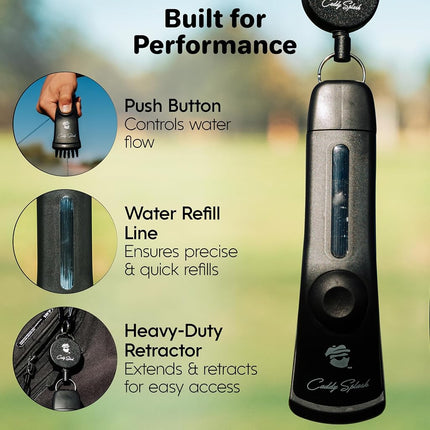 Caddy Splash Golf Club Brush Pro with Water (Black) - Heavy Duty Retractable Clip- Push Button for Easy Cleaning with Nylon Bristles - Holds 4 Oz Water - Golf Accessories - USA Company